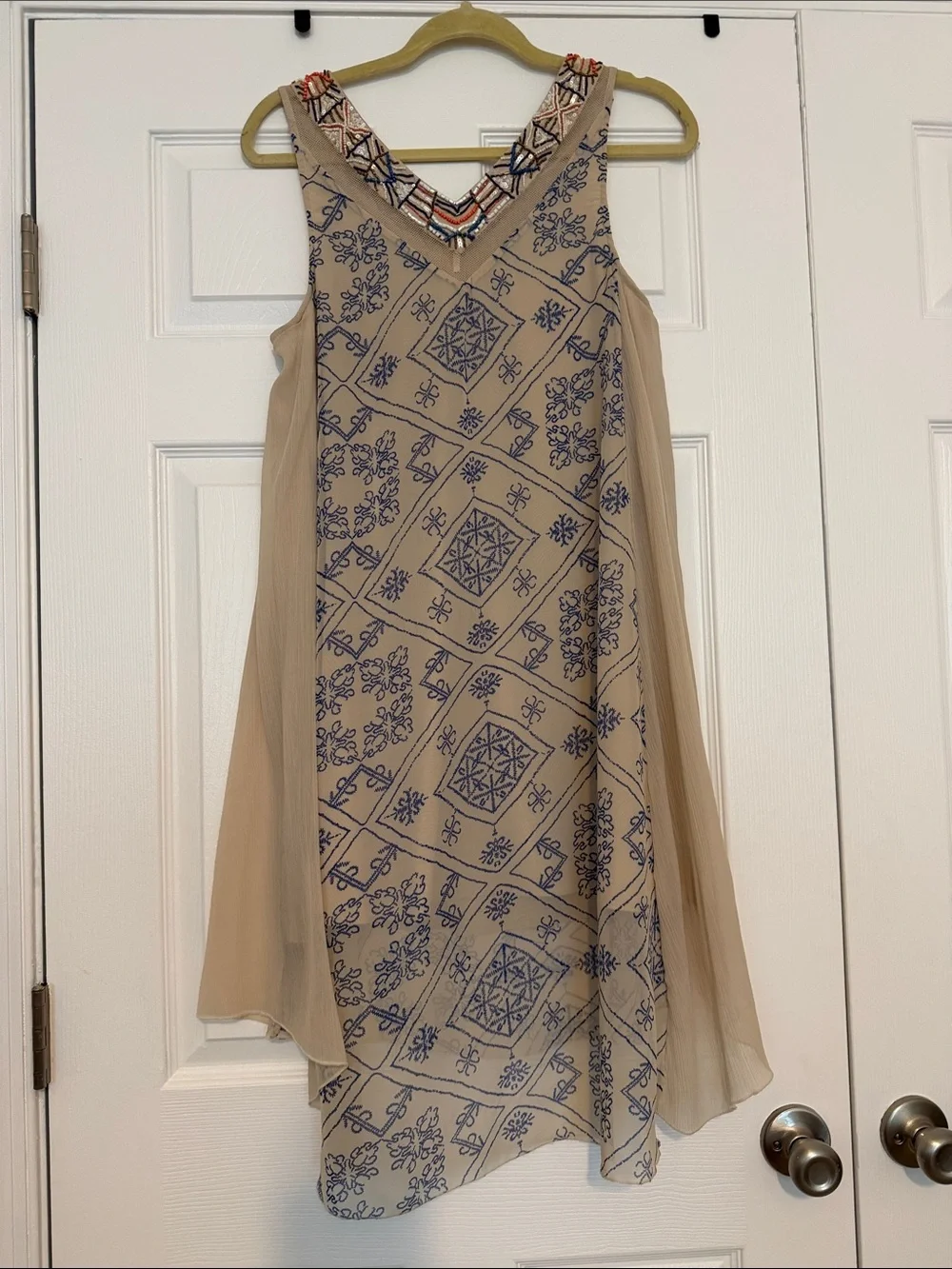 Free People Beige Sleeveless Geo-Print Dress with Embroidered Yoke